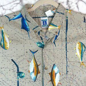 HOOK & TACKLE Fishing Shirt Men's XL Rods & Reels Tan Multi Vertical Gamefish